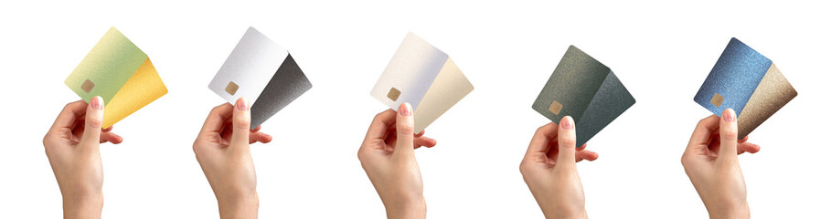Bankcard collection. Hand holding two plastic bankcards with chip for credit, debit, cashback,