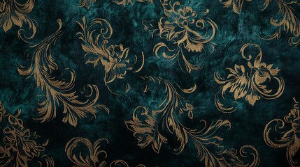 Elegant teal and gold floral wallpaper design featuring intricate patterns and textures