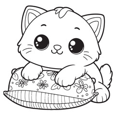 Adorable cute kitten sitting on pillow coloring page vector