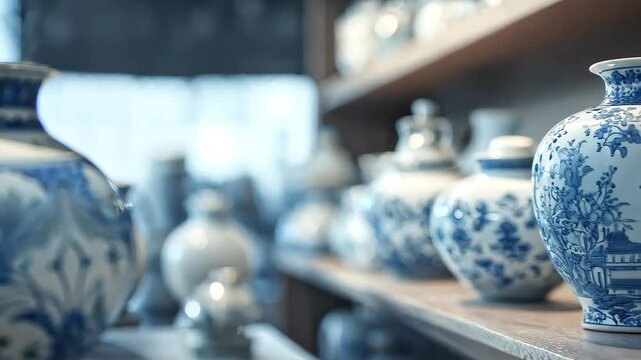 Exquisite blue and white porcelain vases on display shelf