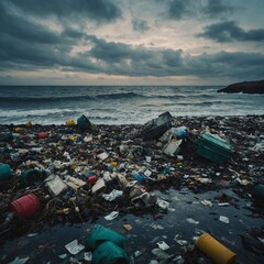 Littered Shoreline: Plastic Waste Accumulation on Beach Under Overcast Sky, Ocean Pollution Impacts, Coastal Contamination