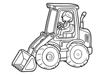 Friendly Cartoon Front Loader Illustration with Driver Line Art Design