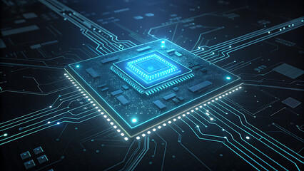 Futuristic Glowing Microchip on Digital Circuit Board – Blue Tech Background

