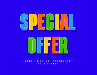 Vector Bright banner Special Offer for Sales. Colorful Sticker Style Font. Elegant Uppercase Alphabet Letters, Numbers and Symbols