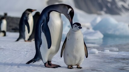 Obraz premium Emperor penguin parents taking care of their chick on the snow in Antarctica 