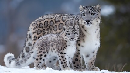 Fototapeta premium A pair of Snow Leopards, a mother and cub, standing together in a snowy landscape. Their beautiful spotted coats contrast against the white snow, highlighting their wild beauty and strength