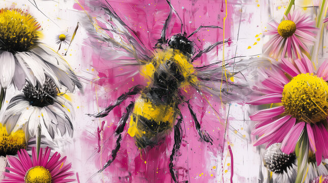 A honey bee and cone florals in an acyclic painting style.