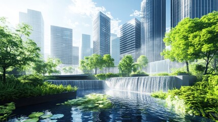 Fototapeta premium Urban Oasis: Modern Skyscrapers and Lush Greenery Harmoniously Coexist