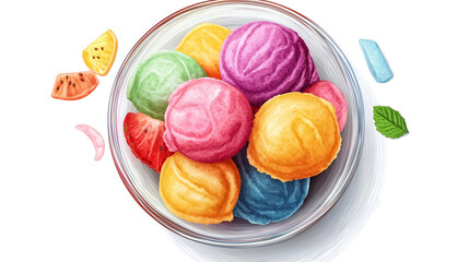 Glass bowl with fruit sorbet scoops, top-down view, hyper-detailed PNG