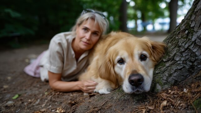 Mature woman resting with her golden retriever dog under a tree in a lush green park during daytime