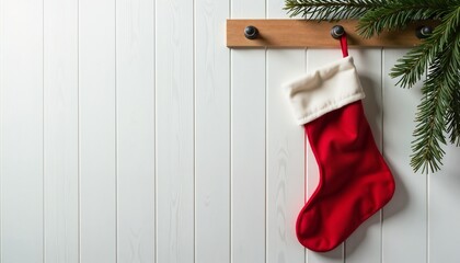 Red Christmas stocking traditional style hanging for gifts against white tiled wall
