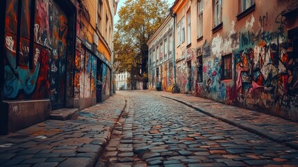 Fototapeta premium Graffiti Alley Cobblestone Street Urban Photography
