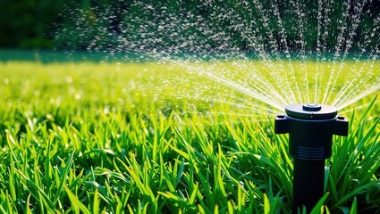 Lush Green Lawn Sprinkler System Watering Scene with Ample Copy Space