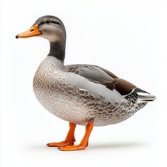 Obraz premium Brown duck with orange feet stands on a white background in profile
