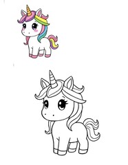 Magical Baby Unicorn Coloring Page. Cute Cartoon Fantasy with Rainbow Mane for Kids' Fun.