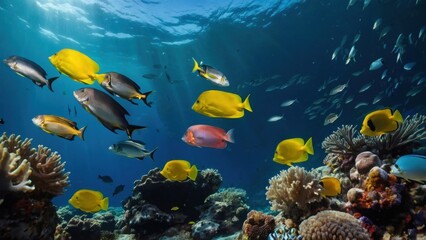 Naklejka premium Underwater scene of vibrant coral reef ecosystem teeming with various tropical fish swimming in clear blue ocean water