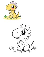 Cute Baby Dinosaur Coloring Page. Kawaii Cartoon Dinosaur with Yellow Body. Colored Example and Outline for Kids Creative Fun.