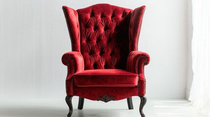 Classic red velvet throne chair, front view, clean white backdrop