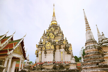 Fototapeta premium Amazing Ancient Mahayana Buddhist Style Pagoda of Wat Phra Borommathat Chaiya Constructed in Si Wichai Empire, Surat Thani, Southern Thailand
