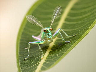 Macro of a tiny iridescent green insect with feathery antennae and jewel-like eyes, perched on a vibrant leaf with glowing veins, softly lit to reveal its translucent body.