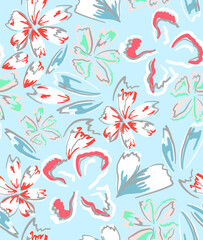 Seamless flower pattern. Abstract pattern. Textile print pattern. Mix color. Baby blue background. 