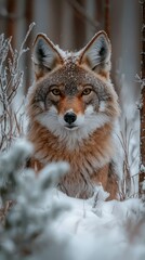 Obraz premium Coyote portrait, snowy woods, piercing amber eyes