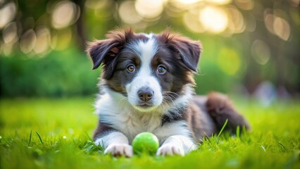 border collie puppy lying down on green grass with a ball nearby, animal in grass, dog,  animal in grass, dog, grass, pet