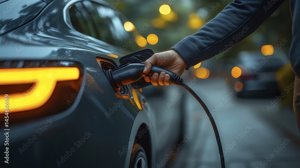 Poster 電気自動車への充電ケーブル接続する手のクローズアップ 現代都市の背景にオレンジ色の光とグレーの車