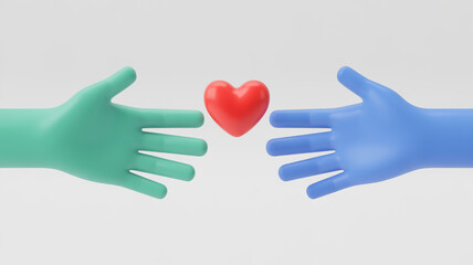 Obraz premium A 3D rendered illustration of two hands reaching towards each other across a white background