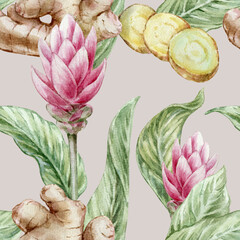 Naklejka premium Seamless botanical watercolor pattern with ginger root leaves and red flowers on a beige background