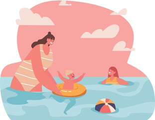 Mother with children swimming vector illustration