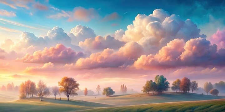 Pastel clouds floating gently above a serene landscape with rolling hills and trees in soft pastel hues, nature's palette, subtle colors