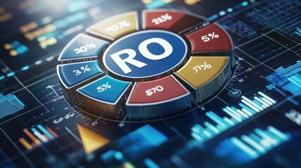 Close-up of pie chart with segments labeled ROI, revenue, expenses, printed and digital combo