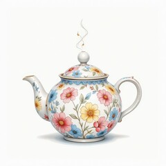 Delicate Floral Teapot With Steam Rising, Showcasing Elegant Design and Vibrant Colors in a Serene Setting