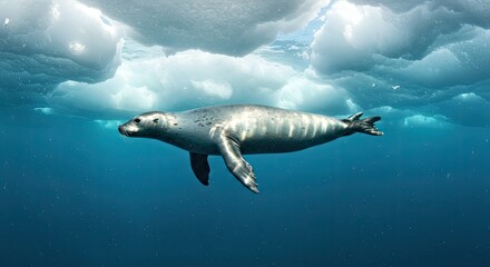 Naklejka premium Phocidae Seal Navigating Under Antarctic Sea Ice True Seal Underwater Marine Mammal Behavior Polar Wildlife