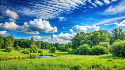 Fototapeta premium Serene summer landscape with a clear blue sky and fluffy white clouds amidst lush greenery, nature, clear blue sky