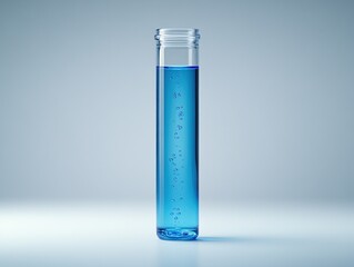 Glass test tube filled with blue liquid and small air bubbles on light background