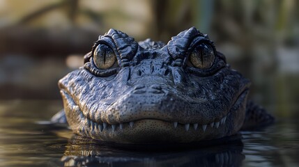 Fototapeta premium Striking and Intense Close-Up Portrait of a Siam Crocodile, Showcasing Its Unique Facial Features in a Beautifully Blurred Natural Habitat
