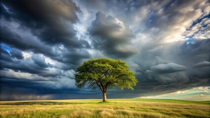 Fototapeta premium A lone tree stands against a stormy sky, its branches outstretched as if embracing the turbulent clouds