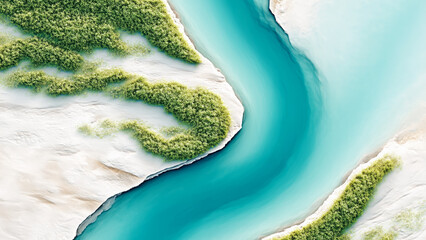 Aerial View of Turquoise River Flowing Through Snow Covered Banks with Green Trees on a Winter Day Landscape in a Remote Location
