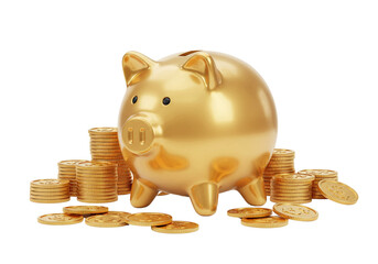 Golden Piggy Bank with Stacked Coins for Saving Money