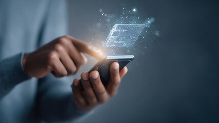 Person Interacting with Smartphone Displaying Holographic Interface of Digital Payment Card in Modern Technology Concept