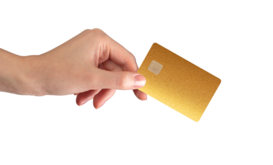 Commerce card concept. Hand holding plastic bankcard with chip for credit, debit, loan, cashback,