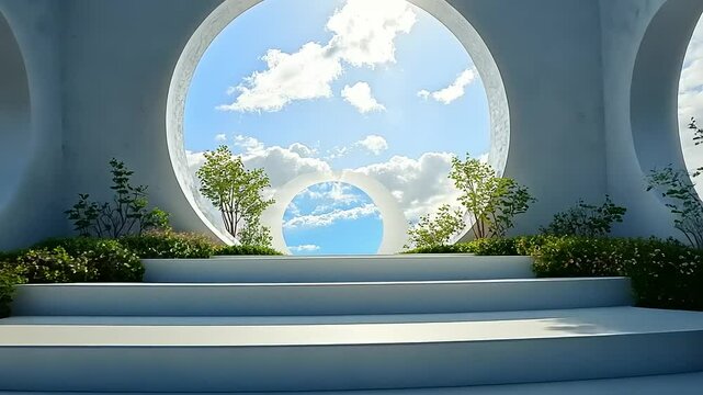 Modern, light-filled outdoor seating area with tiered steps and large circular windows showcasing a bright sky