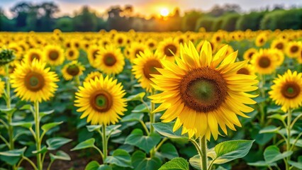 Obraz premium Riga di campo con girasoli in fase di sviluppo, foglie verdi e fiori gialli, coltivazione, verde, coltivazione, verde