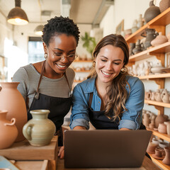 Two happy female potters using laptop in pottery studio
