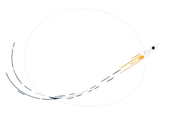 A stylized rocket launches into an elliptical orbit against a dark blue background, symbolizing progress and ambition. Clean, modern design.