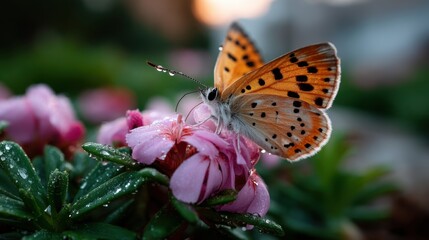 Obraz premium Close-up of a vibrant orange butterfly with black spots perched on pink flower with dew drops in natural setting