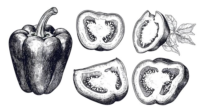 Vintage illustration of bell pepper slices and whole pepper.