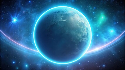Obraz premium A futuristic glowing circle with a neon frame in space surrounding a planet or moon, starry night, neon, starry night, neon